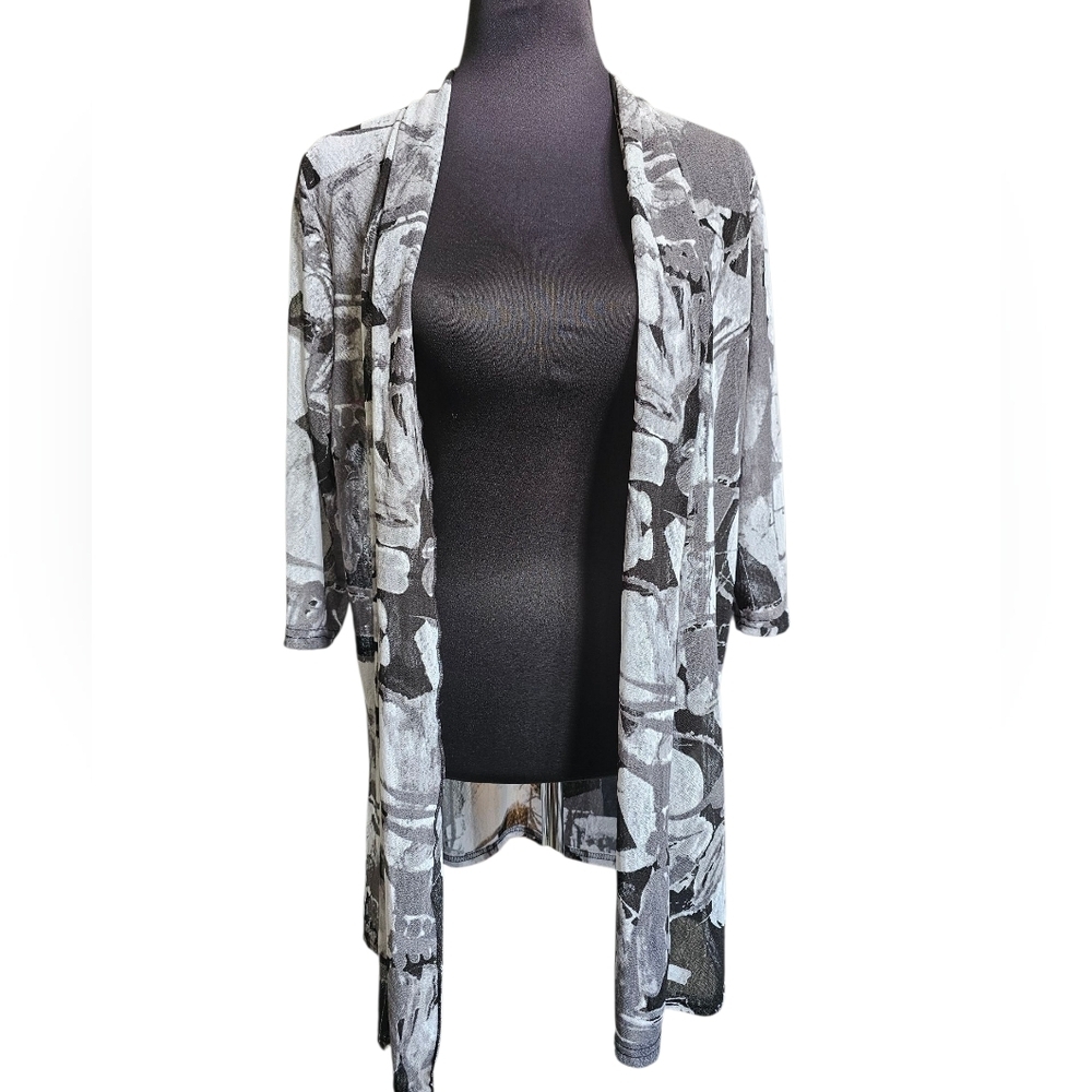 CREATION 3/4 Sleeve Black & Gray Open Front Cover Up Cardigan Size Medium NWT